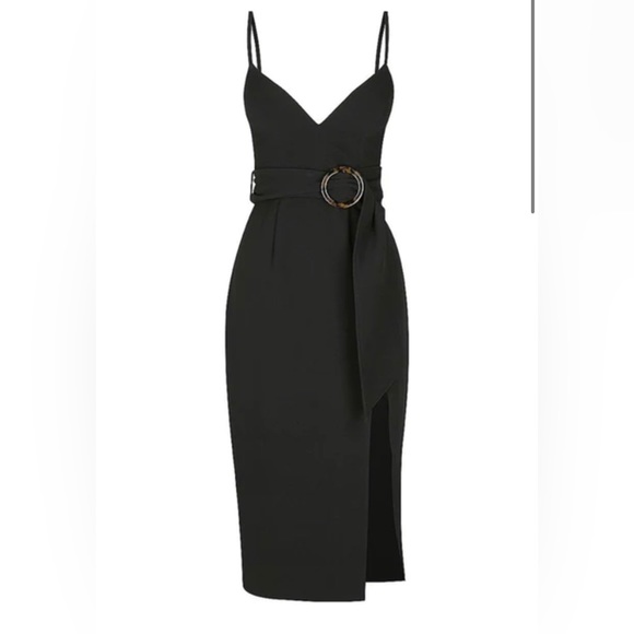 Shona Joy Andrea Fitted Cocktail Dress Black Belt Waist Midi Slit Size S 8 - Picture 3 of 11